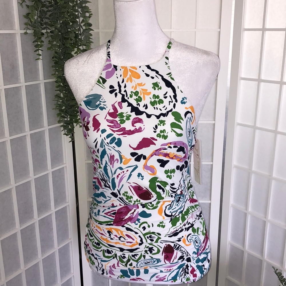 Anne Cole NWT High Neck Tankini Swim Top, Ruched Sides, Small. MFSR $68.00